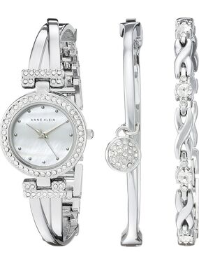 Anne Klein Silver-tone Mother-of-Pearl Dial Watch & Bracelet Trio